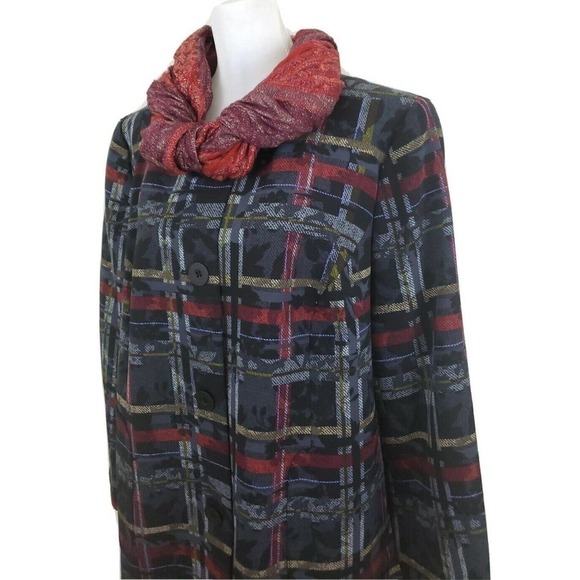 Nine West~ Woman Plus Size 18W~ Black/Red Plaid Trench Coat Long Sleeve Lined. - Picture 11 of 12